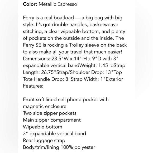 NWT lug Ferry XL SE expandable carry-all tote bag in metallic espresso - Picture 4 of 9